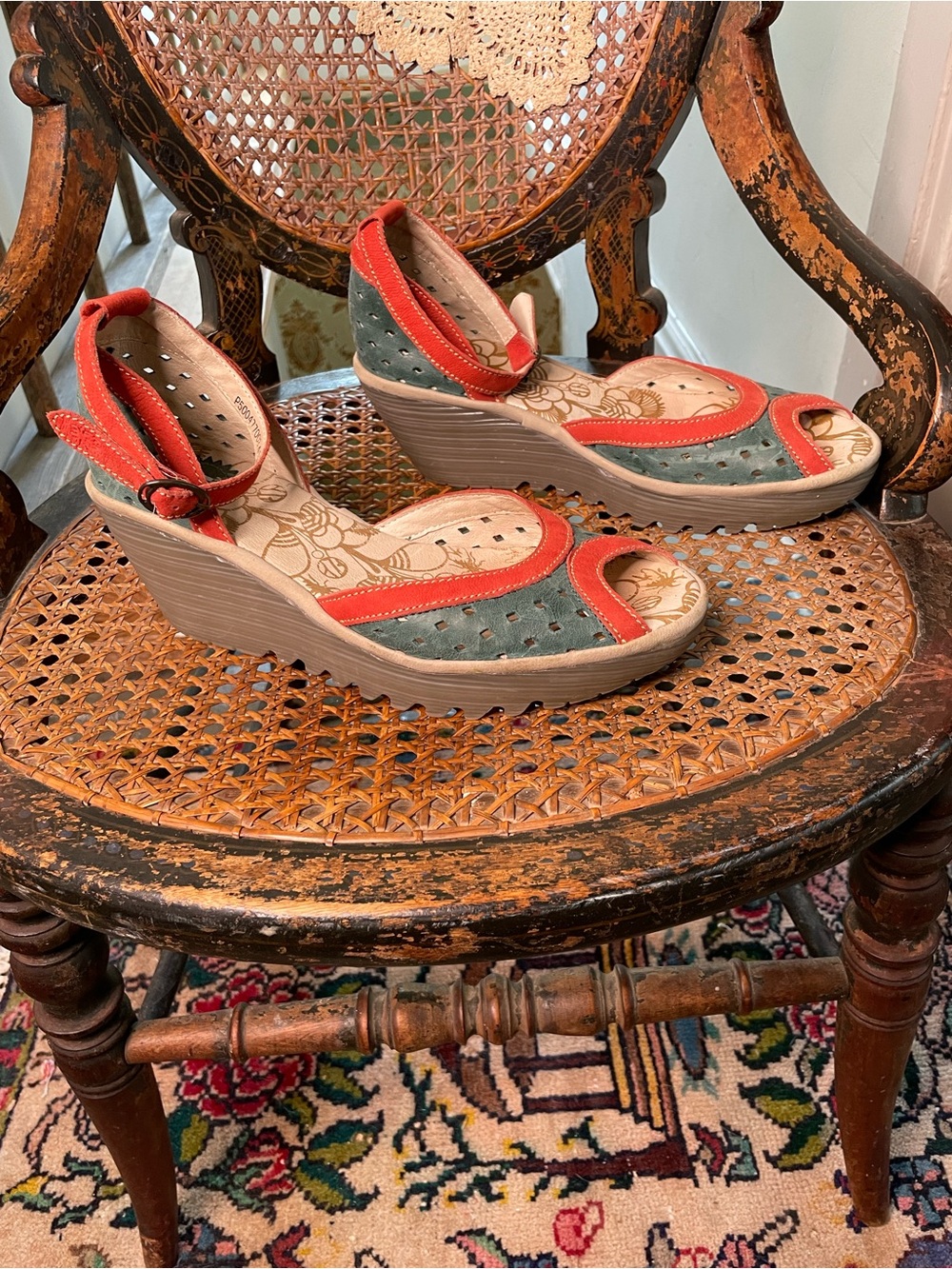 Fly London Two-Tone Green and Red Suede Ankle-Strap Wedge Sandals - Picture 3 of 9